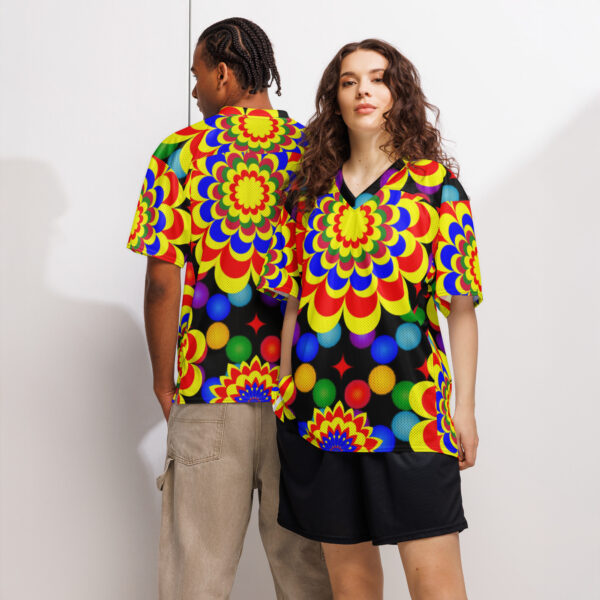 Original Art Yellow, Red, and Blue Ball and Flowers Pattern Design on American Football Jersey
