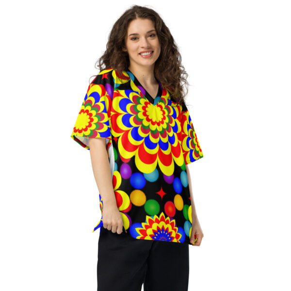 Original Art Yellow, Red, and Blue Ball and Flowers Pattern Design on American Football Jersey - Image 2