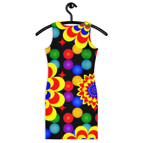 *Original Art Yellow, Red, and Blue Ball and Flowers Pattern Design on Bodycon Dress* - Image 3