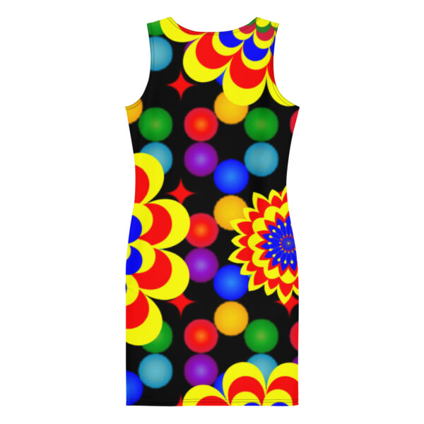 *Original Art Yellow, Red, and Blue Ball and Flowers Pattern Design on Bodycon Dress* - Image 5