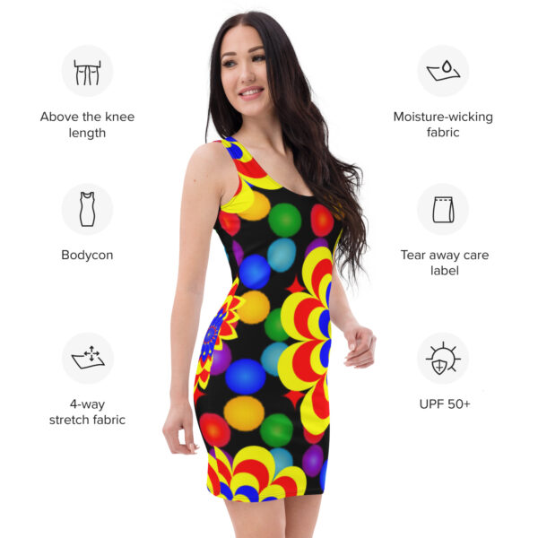 *Original Art Yellow, Red, and Blue Ball and Flowers Pattern Design on Bodycon Dress* - Image 2