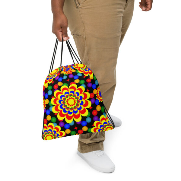 *Original Art Yellow, Red, and Blue Ball and Flowers Pattern Design on Drawstring Bag 👜* - Image 4
