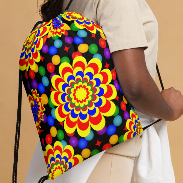 *Original Art Yellow, Red, and Blue Ball and Flowers Pattern Design on Drawstring Bag 👜* - Image 6