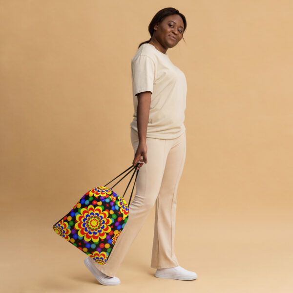 *Original Art Yellow, Red, and Blue Ball and Flowers Pattern Design on Drawstring Bag 👜*
