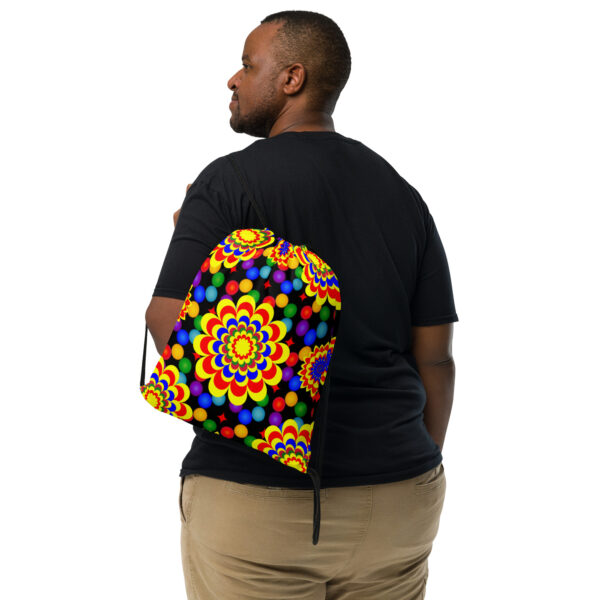 *Original Art Yellow, Red, and Blue Ball and Flowers Pattern Design on Drawstring Bag 👜* - Image 2