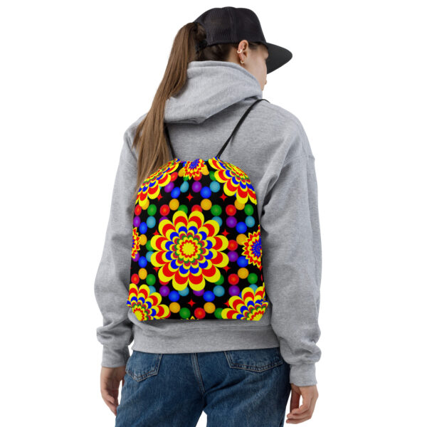 *Original Art Yellow, Red, and Blue Ball and Flowers Pattern Design on Drawstring Bag 👜* - Image 3