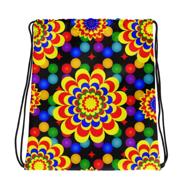 *Original Art Yellow, Red, and Blue Ball and Flowers Pattern Design on Drawstring Bag 👜* - Image 5