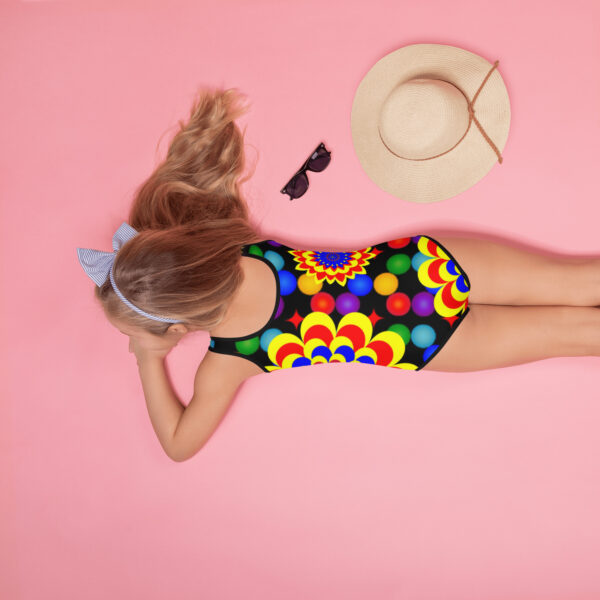 *Original Art Yellow, Red, and Blue Ball and Flowers Pattern Design on Kids Swimsuit* - Image 2