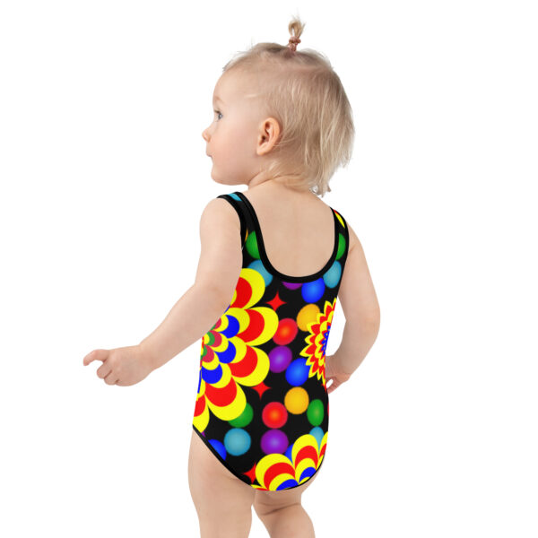 *Original Art Yellow, Red, and Blue Ball and Flowers Pattern Design on Kids Swimsuit* - Image 10