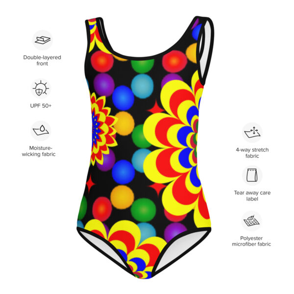 *Original Art Yellow, Red, and Blue Ball and Flowers Pattern Design on Kids Swimsuit* - Image 7