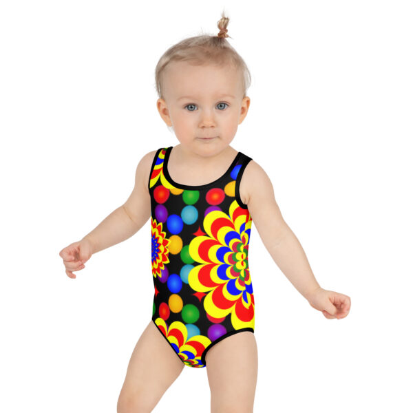*Original Art Yellow, Red, and Blue Ball and Flowers Pattern Design on Kids Swimsuit* - Image 9