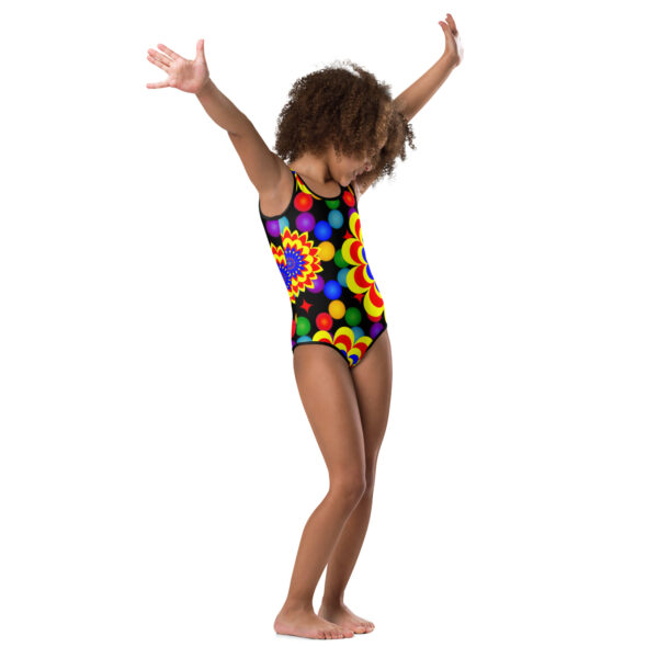 *Original Art Yellow, Red, and Blue Ball and Flowers Pattern Design on Kids Swimsuit* - Image 6