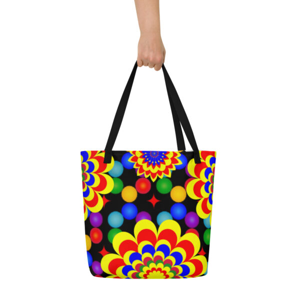 *Original Art Yellow, Red, and Blue Ball and Flowers Pattern Design on Large Tote 👜* - Image 4