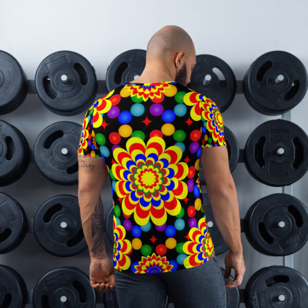 *Original Art Yellow, Red, and Blue Ball and Flowers Pattern Design on Men's Athletic T-Shirts* - Image 2