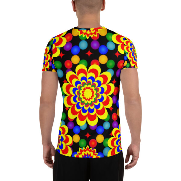*Original Art Yellow, Red, and Blue Ball and Flowers Pattern Design on Men's Athletic T-Shirts* - Image 6