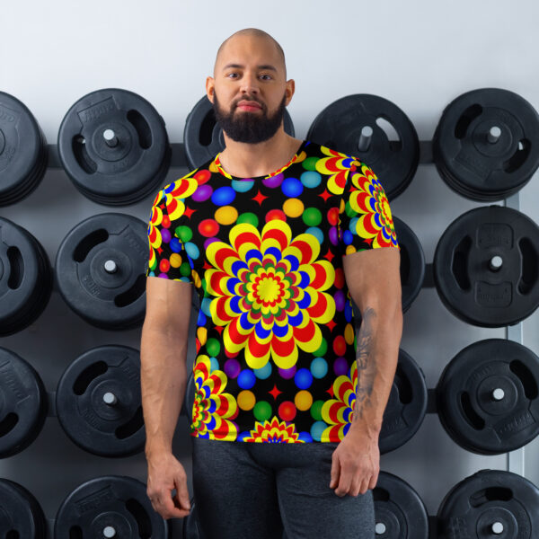 *Original Art Yellow, Red, and Blue Ball and Flowers Pattern Design on Men's Athletic T-Shirts*
