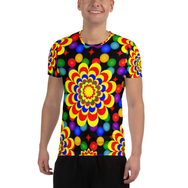 *Original Art Yellow, Red, and Blue Ball and Flowers Pattern Design on Men's Athletic T-Shirts* - Image 5