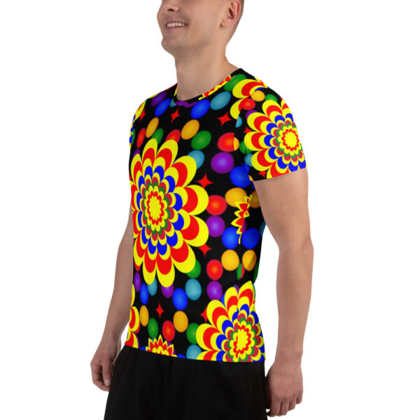 *Original Art Yellow, Red, and Blue Ball and Flowers Pattern Design on Men's Athletic T-Shirts* - Image 7