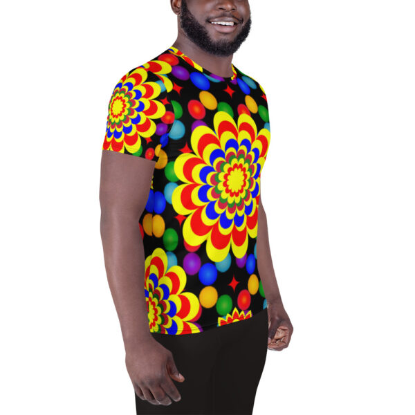 *Original Art Yellow, Red, and Blue Ball and Flowers Pattern Design on Men's Athletic T-Shirts* - Image 3