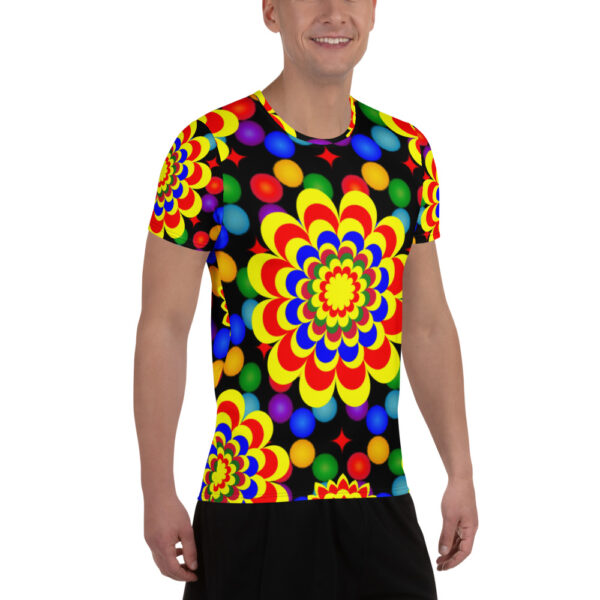 *Original Art Yellow, Red, and Blue Ball and Flowers Pattern Design on Men's Athletic T-Shirts* - Image 8