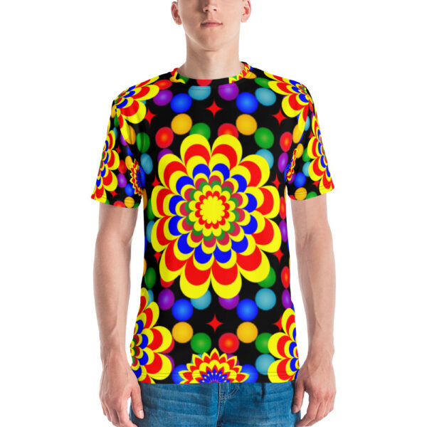 *Original Art Yellow, Red, and Blue Ball and Flowers Pattern Design on Men's T-shirts*