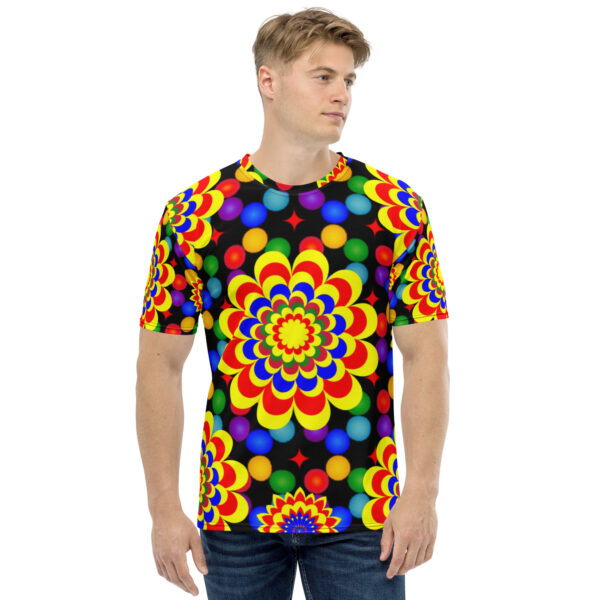 *Original Art Yellow, Red, and Blue Ball and Flowers Pattern Design on Men's T-shirts* - Image 3