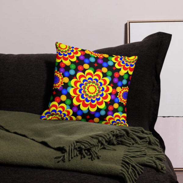 *Original Art Yellow, Red, and Blue Ball and Flowers Pattern Design on Premium Pillow* - Image 2