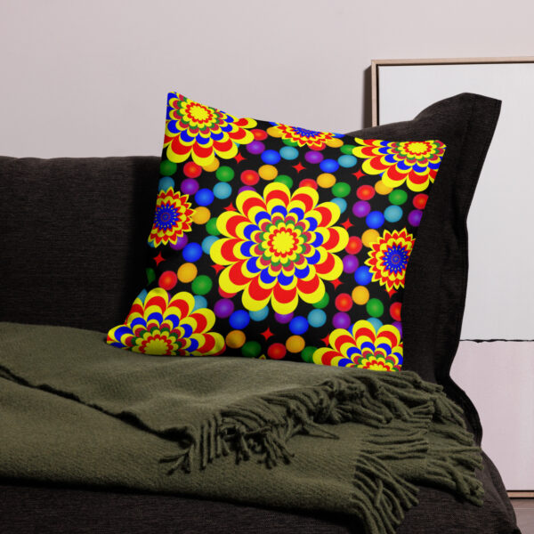 *Original Art Yellow, Red, and Blue Ball and Flowers Pattern Design on Premium Pillow*
