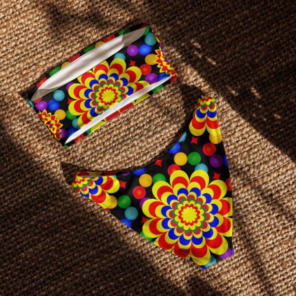 *Original Art Yellow, Red, and Blue Ball and Flowers Pattern Design on Recycled Bandeau Bikini* - Image 4