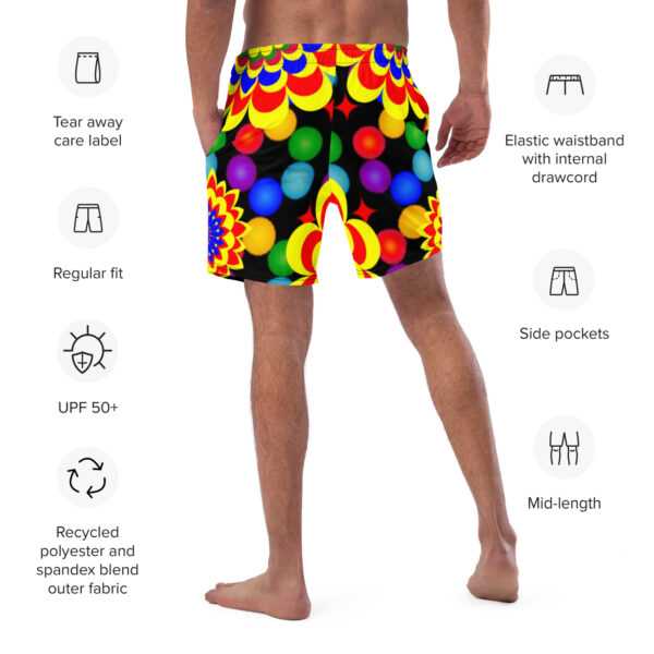 *Original Art Yellow, Red, and Blue Ball and Flowers Pattern Design on Recycled Swim Trunks* - Image 2