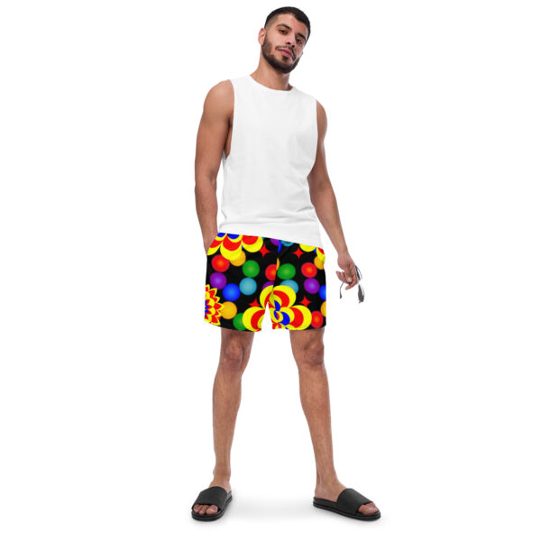 *Original Art Yellow, Red, and Blue Ball and Flowers Pattern Design on Recycled Swim Trunks*
