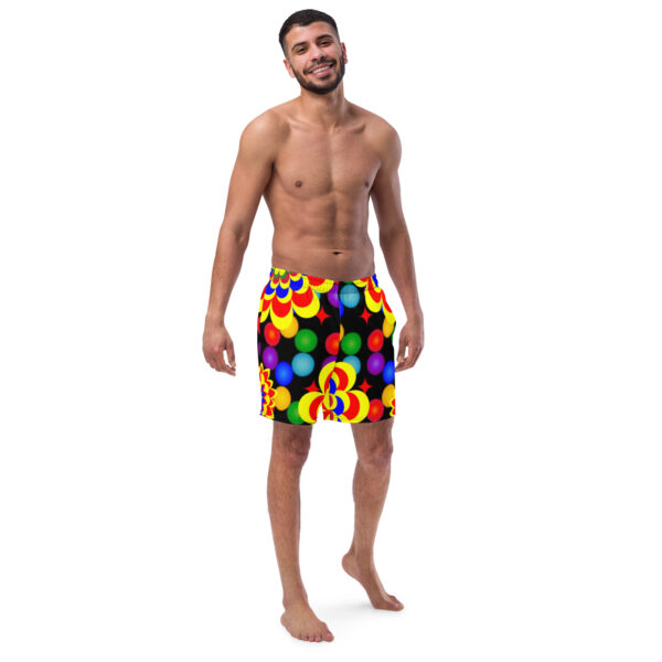 *Original Art Yellow, Red, and Blue Ball and Flowers Pattern Design on Recycled Swim Trunks* - Image 4