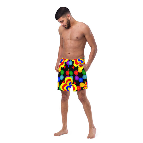 *Original Art Yellow, Red, and Blue Ball and Flowers Pattern Design on Recycled Swim Trunks* - Image 6