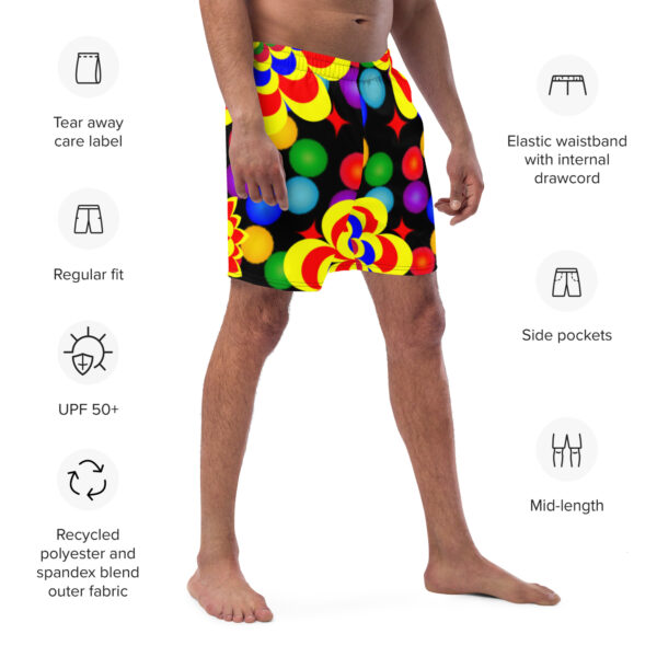 *Original Art Yellow, Red, and Blue Ball and Flowers Pattern Design on Recycled Swim Trunks* - Image 3