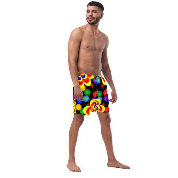 *Original Art Yellow, Red, and Blue Ball and Flowers Pattern Design on Recycled Swim Trunks* - Image 5