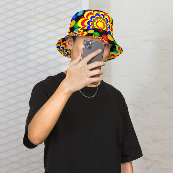 *Originl Art Yellow, Red, and Blue Ball and Flowers Pattern Design on Bucket Hat*
