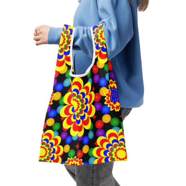 Original Art Yellow, Red, and Blue Ball and Flowers Pattern Design on Shopping Bag