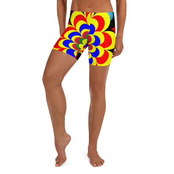 *Original Art Yellow, Red, and Blue Ball and Flowers Pattern Design on Shorts*