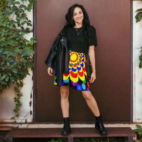 *Origina Art Yellow, Red, and Blue Ball and Flowers Pattern Design on Skater Skirt*