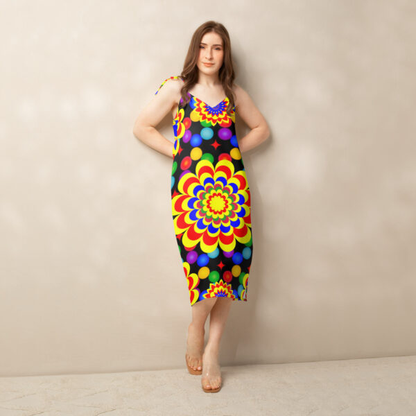 *Original Art Yellow, Red, and Blue Ball and Flowers Pattern Design on Tie-Trap Midi Dress*