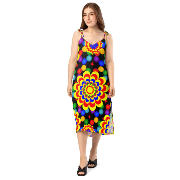 *Original Art Yellow, Red, and Blue Ball and Flowers Pattern Design on Tie-Trap Midi Dress* - Image 4