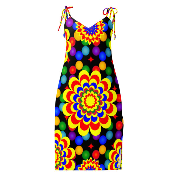 *Original Art Yellow, Red, and Blue Ball and Flowers Pattern Design on Tie-Trap Midi Dress* - Image 9
