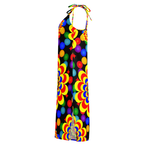 *Original Art Yellow, Red, and Blue Ball and Flowers Pattern Design on Tie-Trap Midi Dress* - Image 11