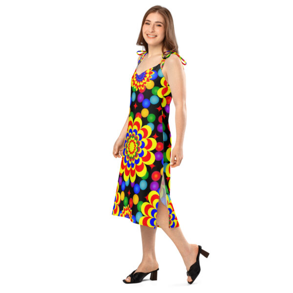 *Original Art Yellow, Red, and Blue Ball and Flowers Pattern Design on Tie-Trap Midi Dress* - Image 3