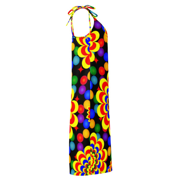 *Original Art Yellow, Red, and Blue Ball and Flowers Pattern Design on Tie-Trap Midi Dress* - Image 12