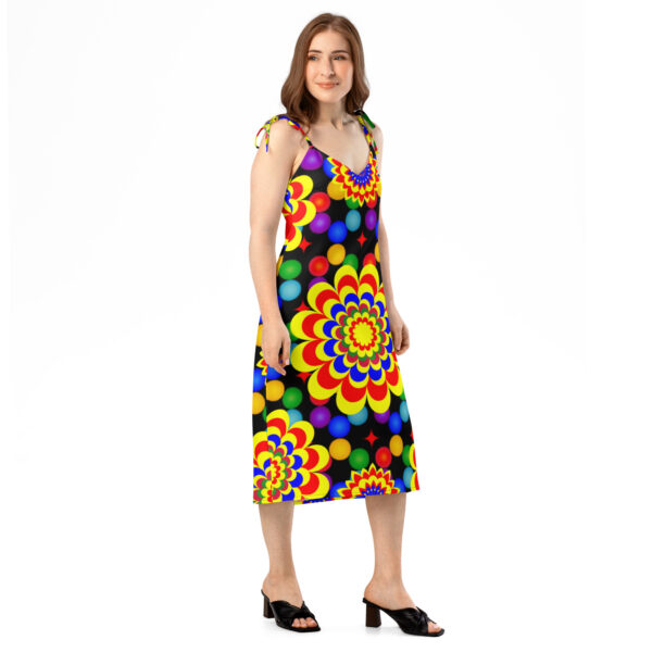 *Original Art Yellow, Red, and Blue Ball and Flowers Pattern Design on Tie-Trap Midi Dress* - Image 2