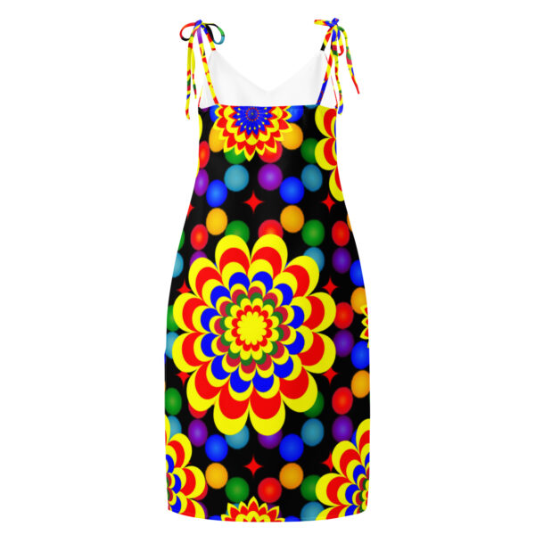 *Original Art Yellow, Red, and Blue Ball and Flowers Pattern Design on Tie-Trap Midi Dress* - Image 14