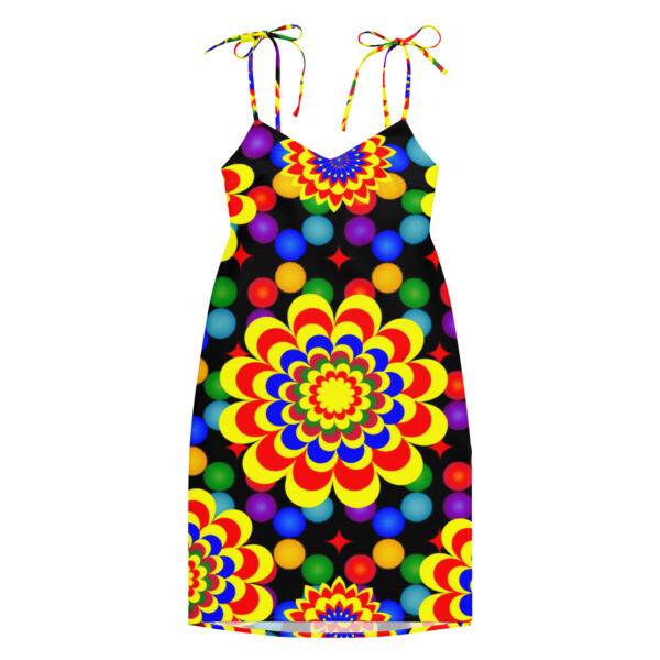 *Original Art Yellow, Red, and Blue Ball and Flowers Pattern Design on Tie-Trap Midi Dress* - Image 8