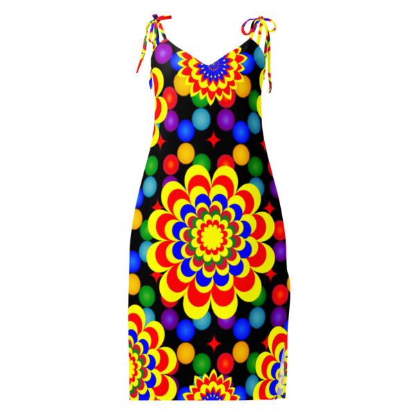 *Original Art Yellow, Red, and Blue Ball and Flowers Pattern Design on Tie-Trap Midi Dress* - Image 13