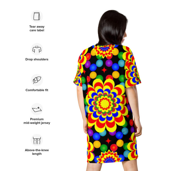 *Origina Art Yellow, Red, and Blue Ball and Flowers Pattern Design on T-Shirt Dress* - Image 9